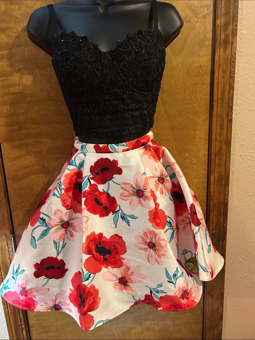 Black Lace Bodice Floral Skater Dressin Red & With black corset top OR White top
